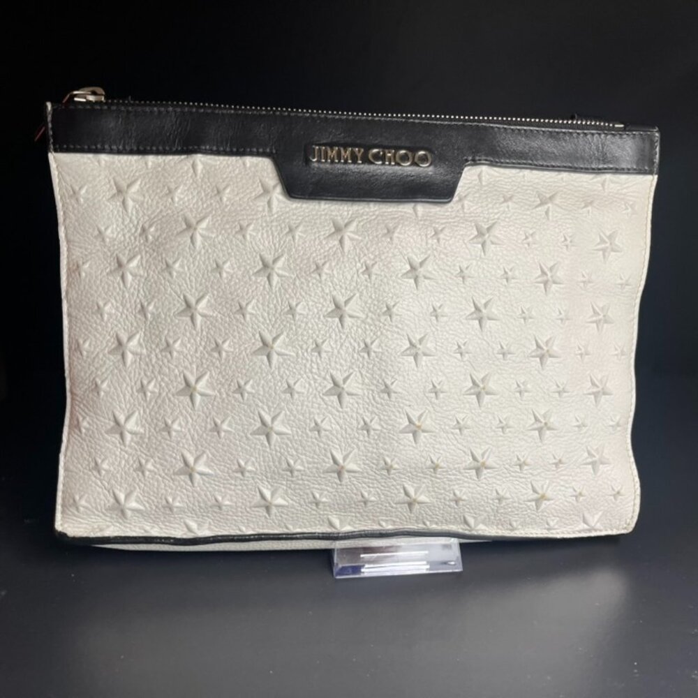 Jimmy Choo Derek Star Studs White with Black Trim and Silver Hardward Pouch